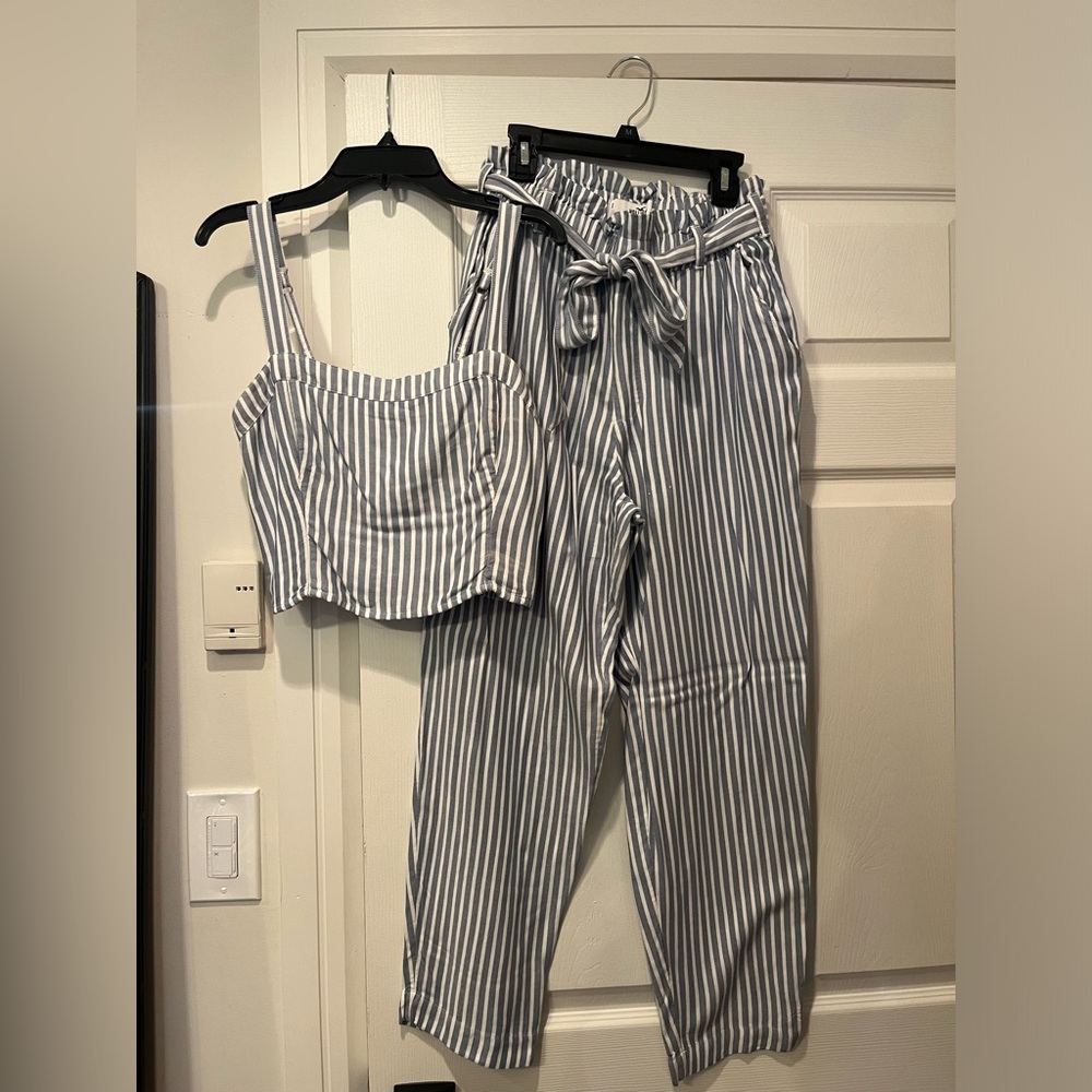 Hollister, two piece set, blue and white striped, small pants, medium top
